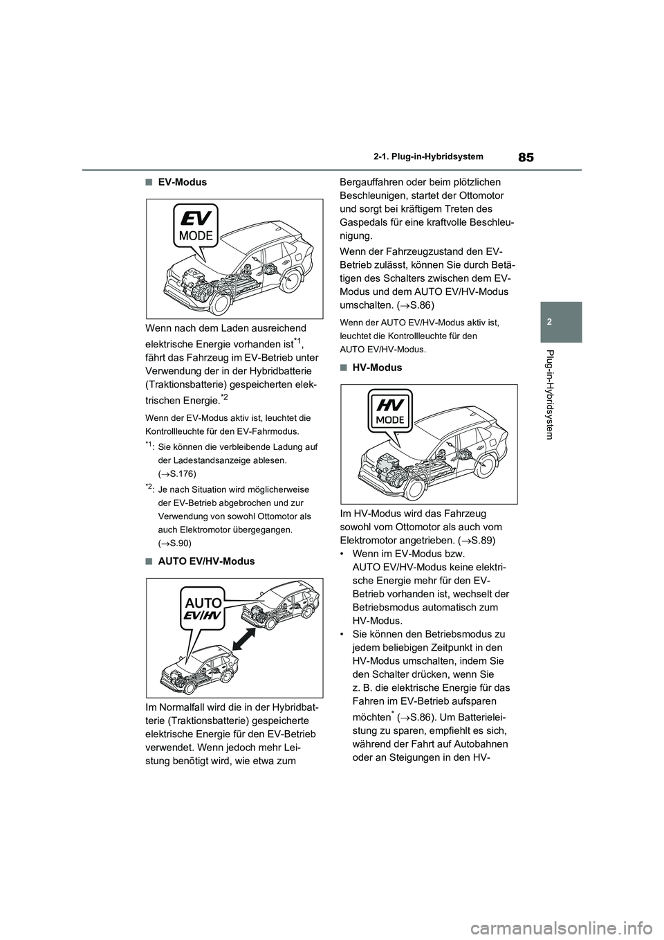 TOYOTA RAV4 PLUG-IN HYBRID 2022  Betriebsanleitungen (in German) 85
2 
2-1. Plug-in-Hybridsystem
Plug-in-Hybridsystem
�QEV-Modus 
Wenn nach dem Laden ausreichend  
elektrische Energie vorhanden ist*1,  
fährt das Fahrzeug im EV-Betrieb unter 
Verwendung der in der
