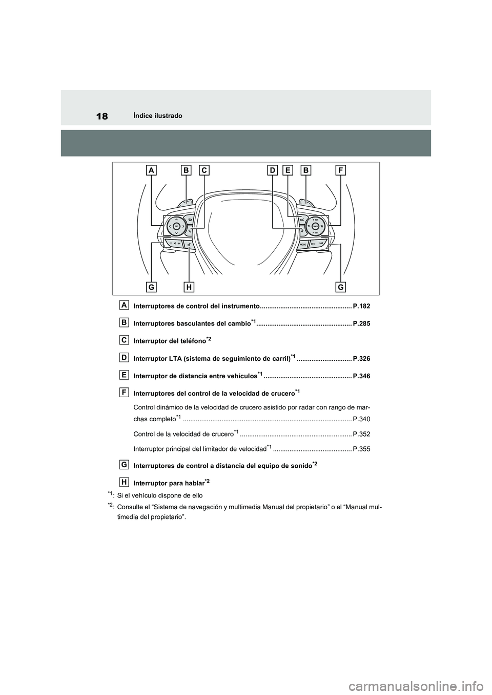 TOYOTA RAV4 PLUG-IN HYBRID 2022  Manual del propietario (in Spanish) 18Índice ilustrado
Interruptores de control del instrumento.................................................. P.182
Interruptores basculantes del cambio
*1............................................