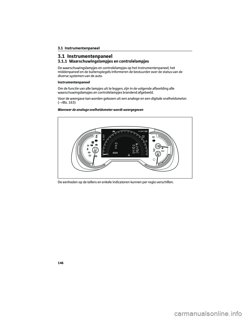 TOYOTA RAV4 PLUG-IN HYBRID 2022  Instructieboekje (in Dutch) 3.1 Instrumentenpaneel
3.1.1 Waarschuwingslampjes en controlelampjes
De waarschuwingslampjes en controlelampjes op het instrumentenpaneel, het
middenpaneel en de buitenspiegels informeren de bestuurde