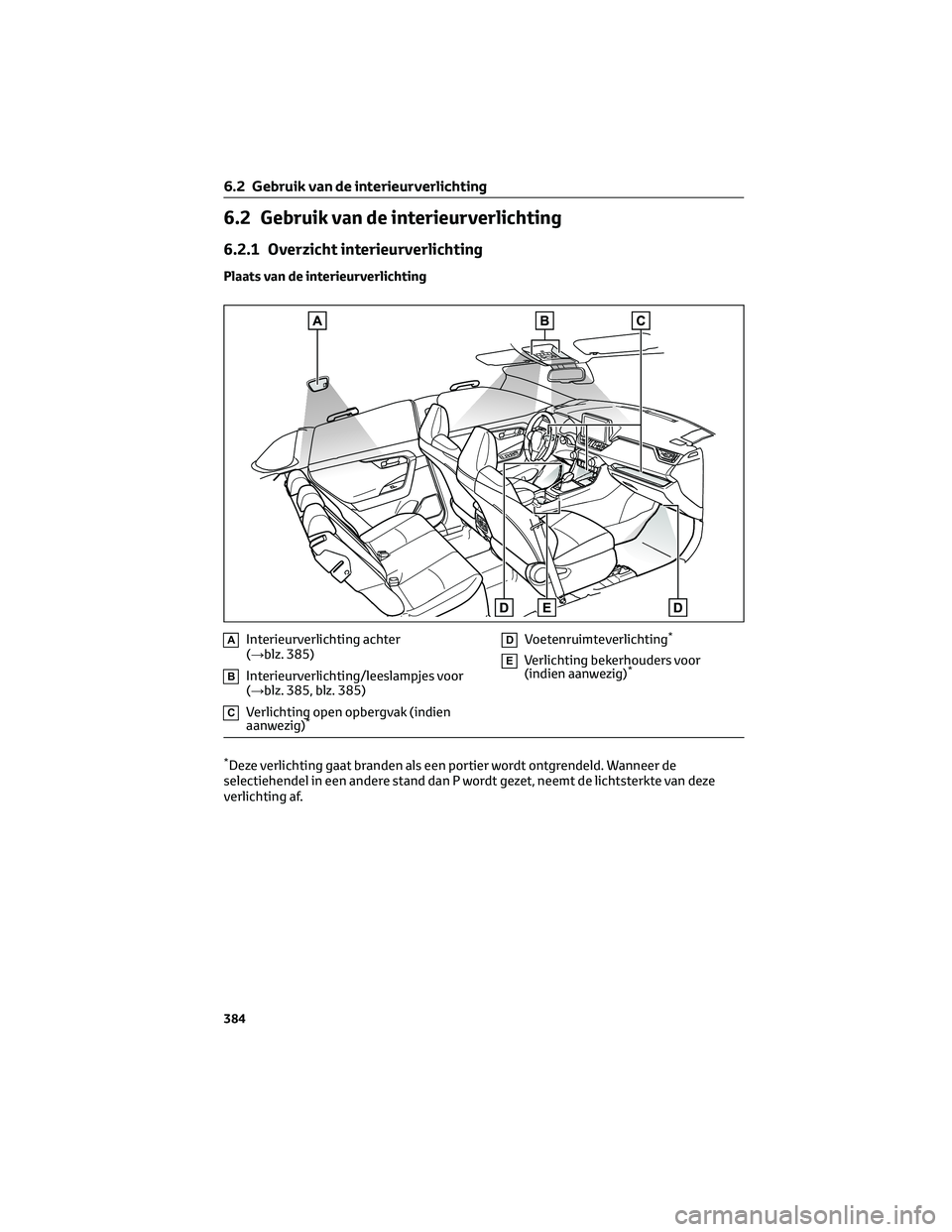 TOYOTA RAV4 PLUG-IN HYBRID 2022  Instructieboekje (in Dutch) 6.2 Gebruik van de interieurverlichting
6.2.1 Overzicht interieurverlichting
Plaats van de interieurverlichting
AInterieurverlichting achter
(→blz. 385)
BInterieurverlichting/leeslampjes voor
(→bl