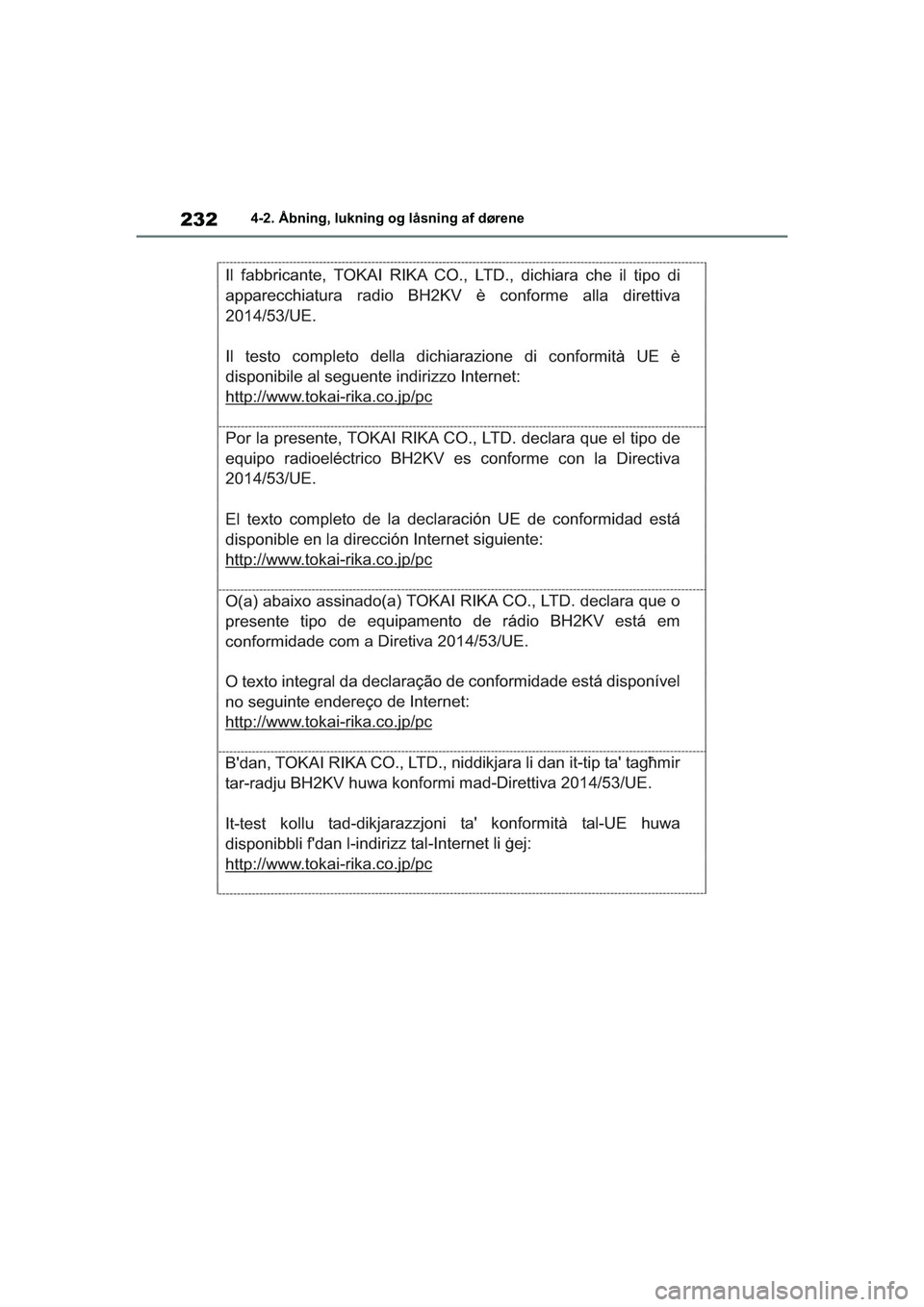 TOYOTA RAV4 PLUG-IN HYBRID 2021  Brugsanvisning (in Danish) 2324-2. Åbning, lukning og låsning af dørene
OM42E06DK.book  Page 232  Thursday, February 18, 2021  5:07 PM 