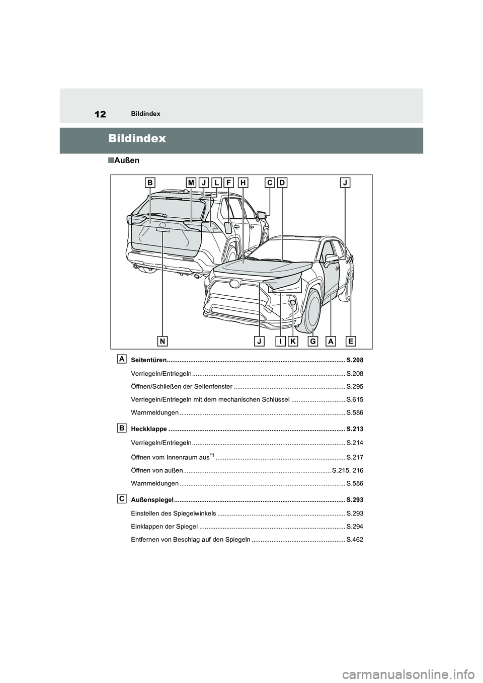 TOYOTA RAV4 PLUG-IN HYBRID 2021  Betriebsanleitungen (in German) 12Bildindex
Bildindex
�QAußen
Seitentüren................................................................................................... S.208
Verriegeln/Entriegeln .............................