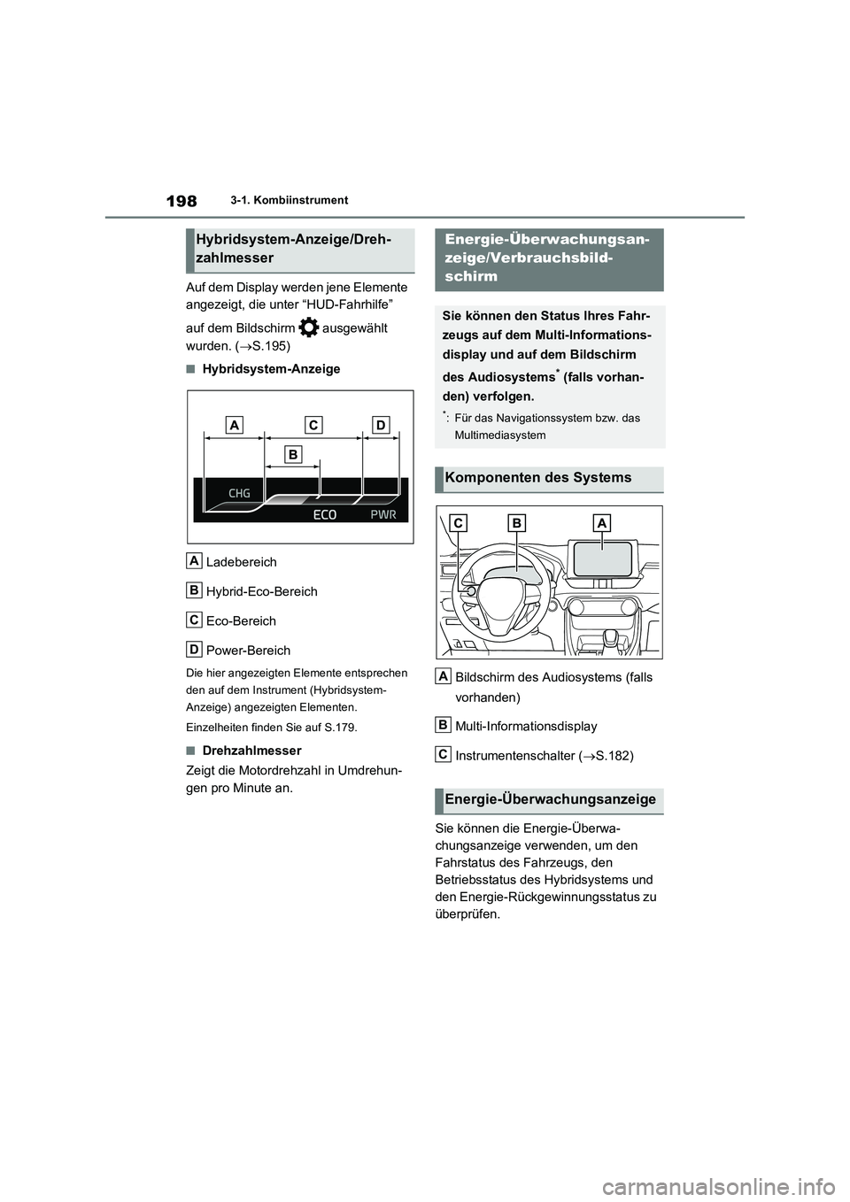 TOYOTA RAV4 PLUG-IN HYBRID 2021  Betriebsanleitungen (in German) 1983-1. Kombiinstrument
Auf dem Display werden jene Elemente 
angezeigt, die unter “HUD-Fahrhilfe” 
auf dem Bildschirm   ausgewählt 
wurden. (S.195)
�QHybridsystem-Anzeige
Ladebereich
Hybrid-E