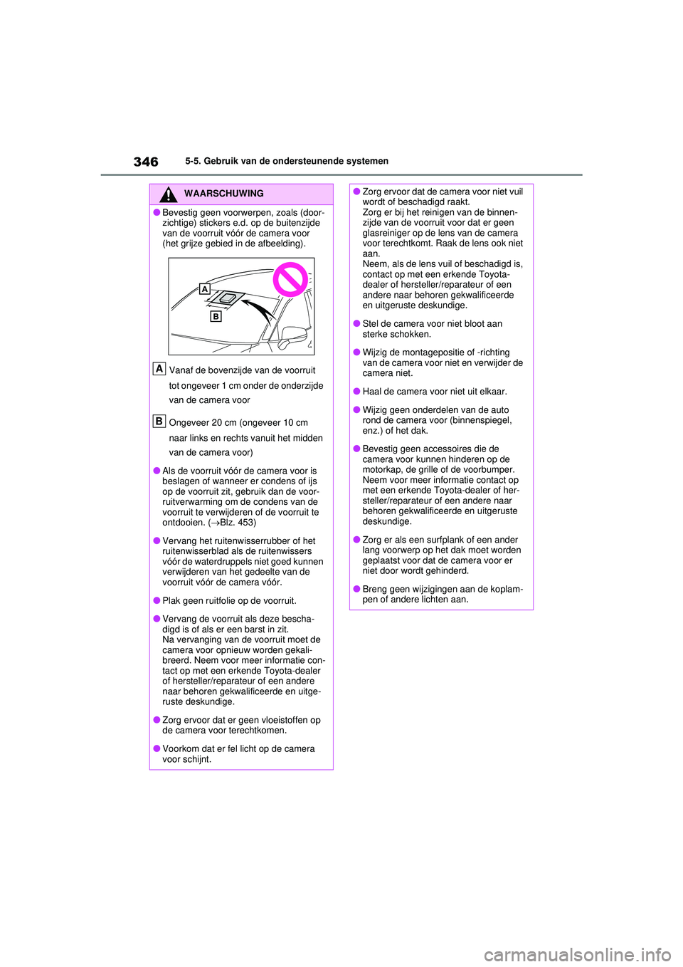TOYOTA RAV4 PLUG-IN HYBRID 2021 Instructieboekje (in Dutch) 3465-5. Gebruik van de ondersteunende systemen
WAARSCHUWING
●Bevestig geen voorwerpen, zoals (door-
zichtige) stickers e.d. op de buitenzijde
van de voorruit vóór de camera voor
(het grijze gebi TOYOTA RAV4 PLUG-IN HYBRID 2021 Instructieboekje (in Dutch) 3465-5. Gebruik van de ondersteunende systemen
WAARSCHUWING
●Bevestig geen voorwerpen, zoals (door-
zichtige) stickers e.d. op de buitenzijde
van de voorruit vóór de camera voor
(het grijze gebi