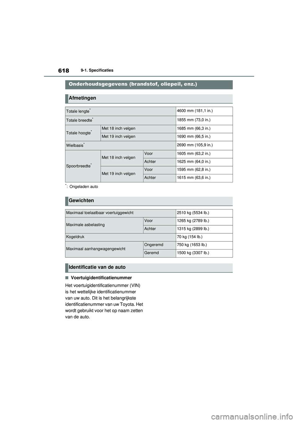 TOYOTA RAV4 PLUG-IN HYBRID 2021 Instructieboekje (in Dutch) 6189-1. Specificaties
9-1.Specificaties
*: Ongeladen auto
■Voertuigidentificatienummer
Het voertuigidentificatienummer (VIN)
is het wettelijke identificatienummer
van uw auto. Dit is het belangrij TOYOTA RAV4 PLUG-IN HYBRID 2021 Instructieboekje (in Dutch) 6189-1. Specificaties
9-1.Specificaties
*: Ongeladen auto
■Voertuigidentificatienummer
Het voertuigidentificatienummer (VIN)
is het wettelijke identificatienummer
van uw auto. Dit is het belangrij