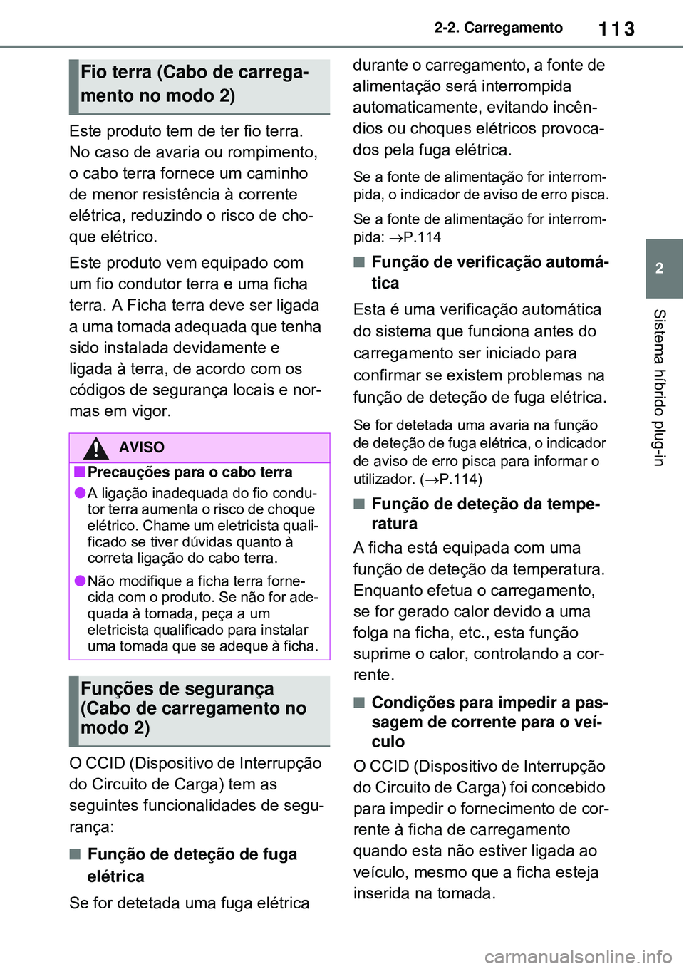 TOYOTA RAV4 PLUG-IN HYBRID 2021 Manual de utilização (in Portuguese) 113
2 2-2. Carregamento
Sistema híbrido plug-in
Este produto tem de ter fio terra.
No caso de avaria ou rompimento,
o cabo terra fornece um caminho
de menor resistência à corrente
elétrica, re TOYOTA RAV4 PLUG-IN HYBRID 2021 Manual de utilização (in Portuguese) 113
2 2-2. Carregamento
Sistema híbrido plug-in
Este produto tem de ter fio terra.
No caso de avaria ou rompimento,
o cabo terra fornece um caminho
de menor resistência à corrente
elétrica, re