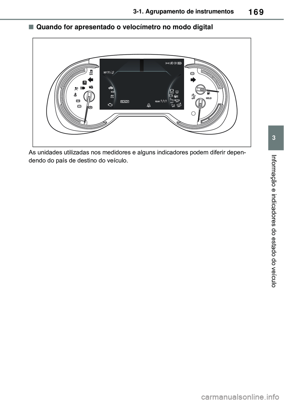 TOYOTA RAV4 PLUG-IN HYBRID 2021  Manual de utilização (in Portuguese) 169
3 3-1. Agrupamento de instrumentos
Informação e indicadores do estado do veículo
Quando for apresentado o velocímetro no modo digital
As unidades utilizadas nos medidores e alguns indicador