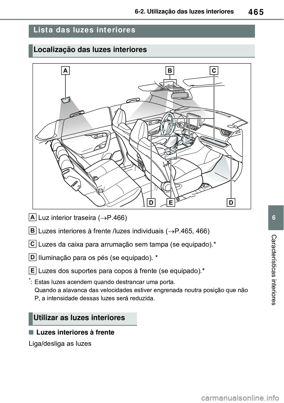 TOYOTA RAV4 PLUG-IN HYBRID 2021  Manual de utilização (in Portuguese) 465
6 6-2. Utilização das luzes interiores
Características interiores
6-2.Utilização das luzes interiores
Luz interior traseira (P.466)
Luzes interiores à frente /luzes individuais (P.465,