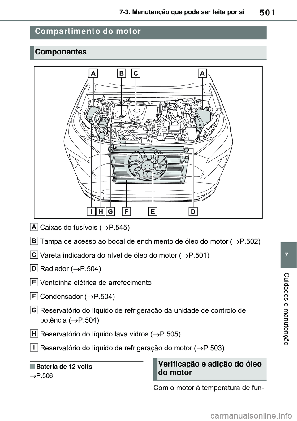 TOYOTA RAV4 PLUG-IN HYBRID 2021  Manual de utilização (in Portuguese) 501
7 7-3. Manutenção que pode ser feita por si
Cuidados e manutenção
Caixas de fusíveis (P.545)
Tampa de acesso ao bocal de enchimento de óleo do motor (P.502)
Vareta indicadora do nível
