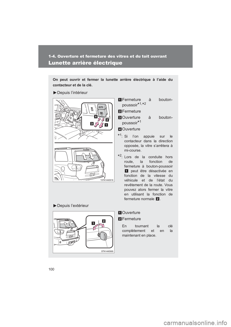 TOYOTA SEQUOIA 2017  Manuel du propriétaire (in French) 100
1-4. Ouverture et fermeture des vitres et du toit ouvrant
SEQUOIA_D_OM34598D_17MY
Lunette arrière électrique
On peut ouvrir et fermer la lunette arrière électrique à l’aide du 
contacteur e