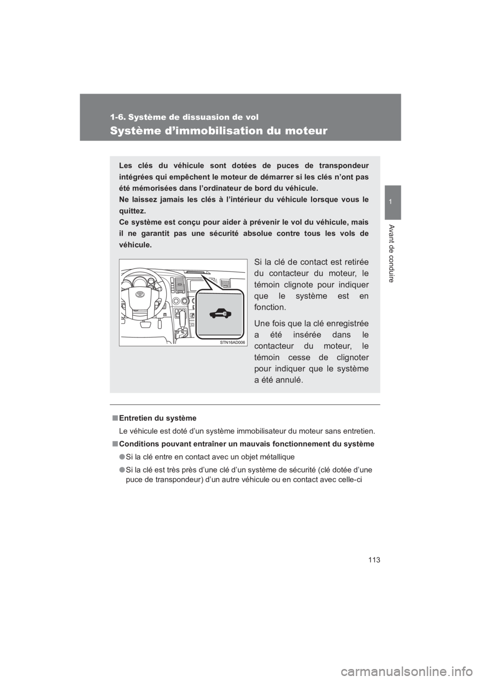 TOYOTA SEQUOIA 2017  Manuel du propriétaire (in French) 113
1
Avant de conduire
SEQUOIA_D_OM34598D_17MY
1-6. Système de dissuasion de vol
Système d’immobilisation du moteur
■Entretien du système 
Le véhicule est doté d’un système immobilisateur