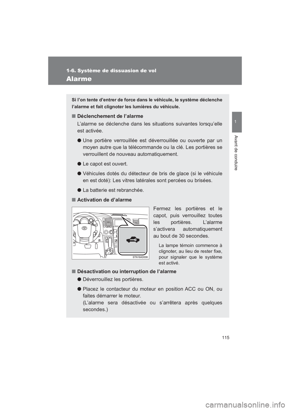 TOYOTA SEQUOIA 2017  Manuel du propriétaire (in French) 115
1
1-6. Système de dissuasion de vol
Avant de conduire
SEQUOIA_D_OM34598D_17MY
Alarme
Si l’on tente d’entrer de force dans le véhicule, le système déclenche 
l’alarme et fait clignoter le