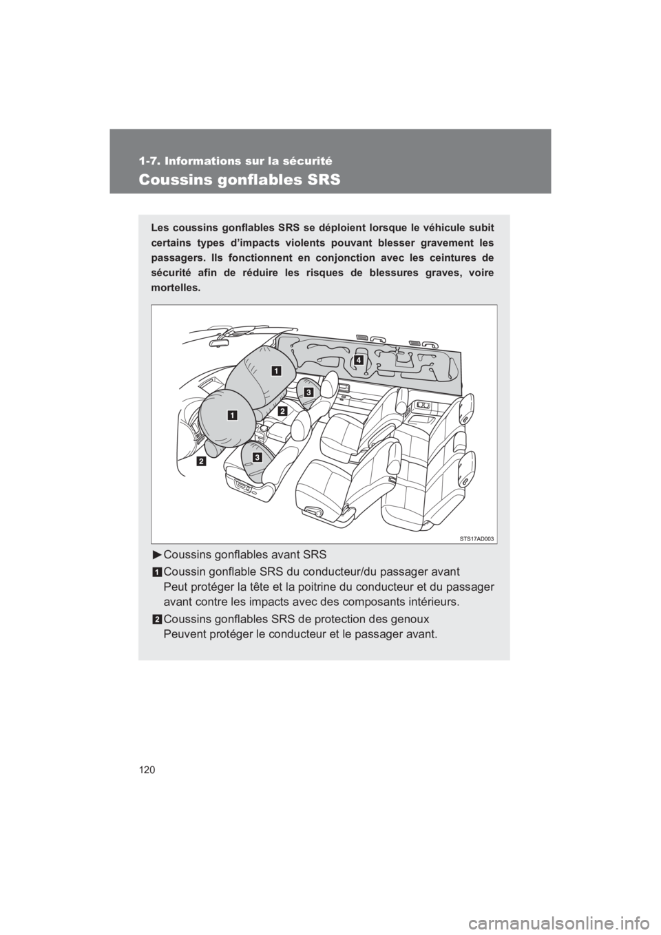 TOYOTA SEQUOIA 2017  Manuel du propriétaire (in French) 120
1-7. Informations sur la sécurité
SEQUOIA_D_OM34598D_17MY
Coussins gonflables SRS
Les coussins gonflables SRS se déploient lorsque le véhicule subit 
certains types d’impacts violents pouvan