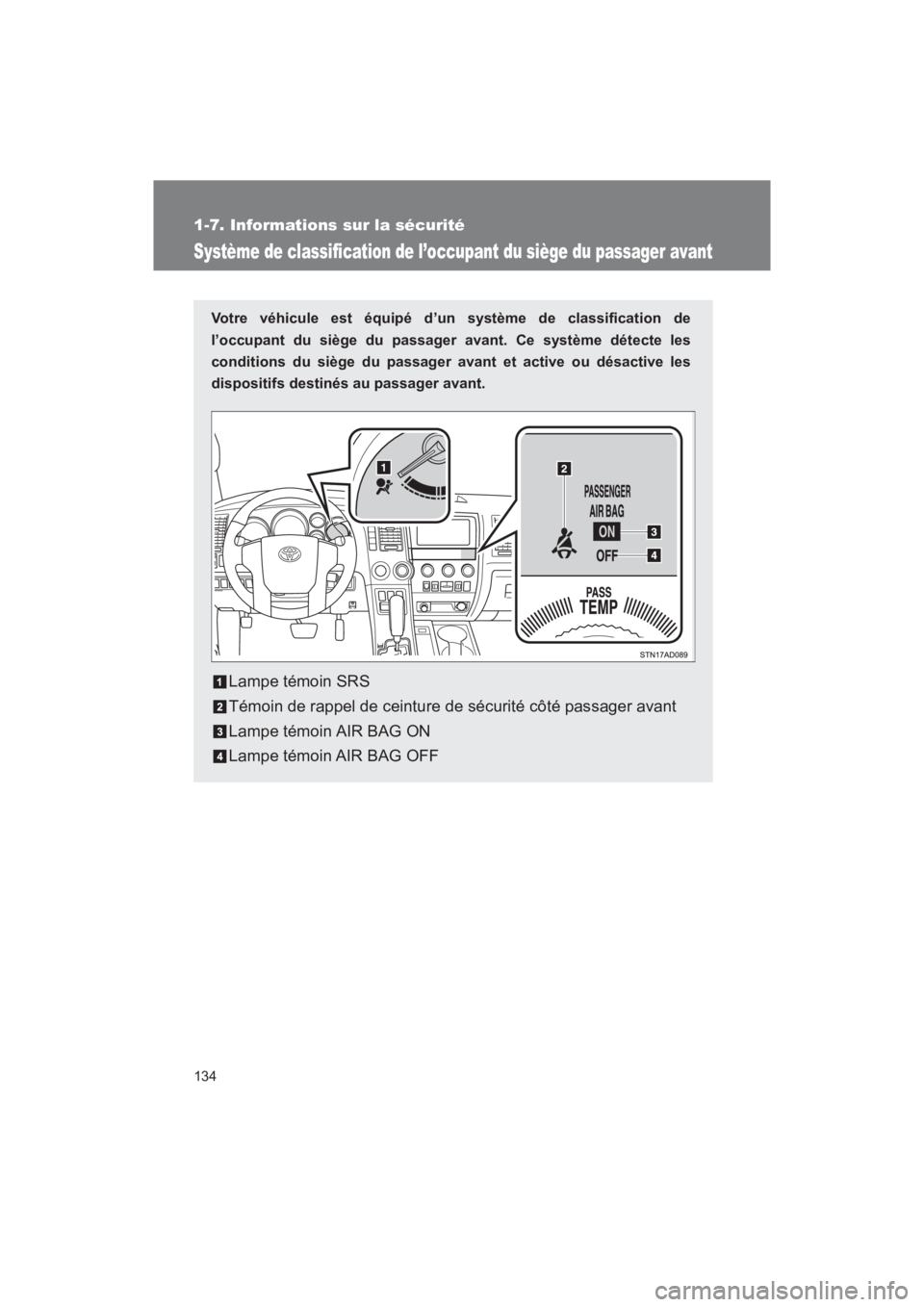 TOYOTA SEQUOIA 2017  Manuel du propriétaire (in French) 134
1-7. Informations sur la sécurité
SEQUOIA_D_OM34598D_17MY
Système de classification de l’occupant du siège du passager avant
Votre véhicule est équipé d’un système de classification de