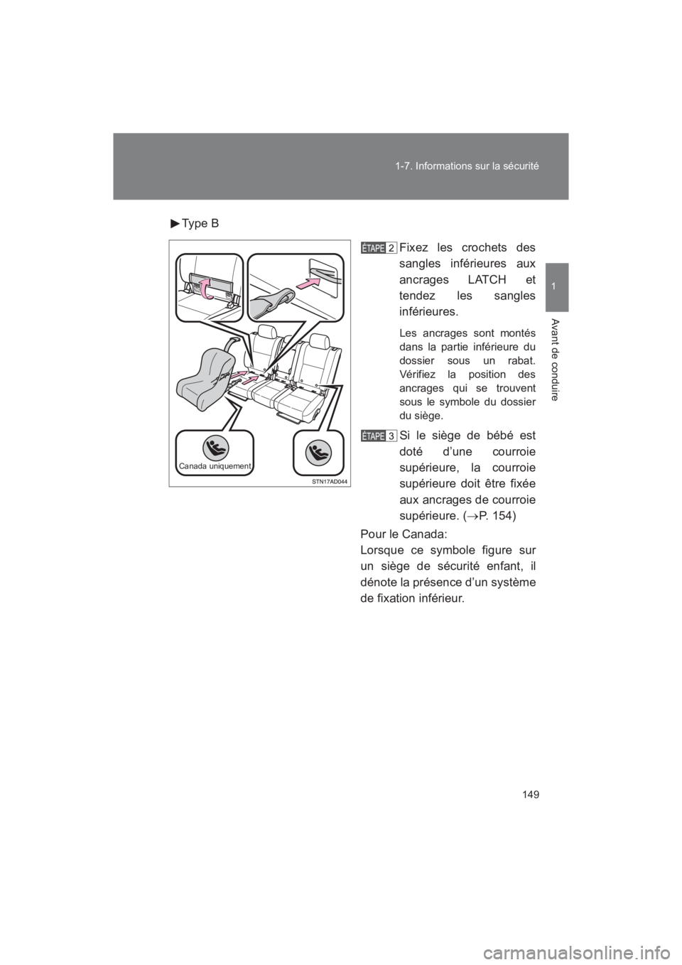 TOYOTA SEQUOIA 2017  Manuel du propriétaire (in French) 149 
1-7. Informations sur la sécurité
1
Avant de conduire
SEQUOIA_D_OM34598D_17MY 
Type B 
Fixez les crochets des 
sangles inférieures aux
ancrages LATCH et 
tendez les sangles 
inférieures.
Les 