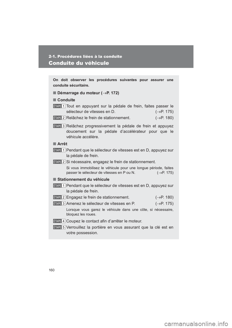 TOYOTA SEQUOIA 2017  Manuel du propriétaire (in French) 160
SEQUOIA_D_OM34598D_17MY
2-1. Procédures liées à la conduite
Conduite du véhicule
On doit observer les procédures suivantes pour assurer une 
conduite sécuritaire.
■ Démarrage du moteur (