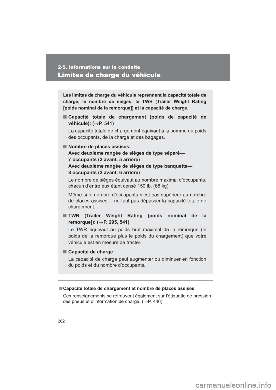 TOYOTA SEQUOIA 2017 Manuel du propriétaire (in French) 282
2-5. Informations sur la conduite
SEQUOIA_D_OM34598D_17MY
Limites de charge du véhicule
■Capacité totale de chargement et nombre de places assises
Ces renseignements se retrouvent également TOYOTA SEQUOIA 2017 Manuel du propriétaire (in French) 282
2-5. Informations sur la conduite
SEQUOIA_D_OM34598D_17MY
Limites de charge du véhicule
■Capacité totale de chargement et nombre de places assises
Ces renseignements se retrouvent également