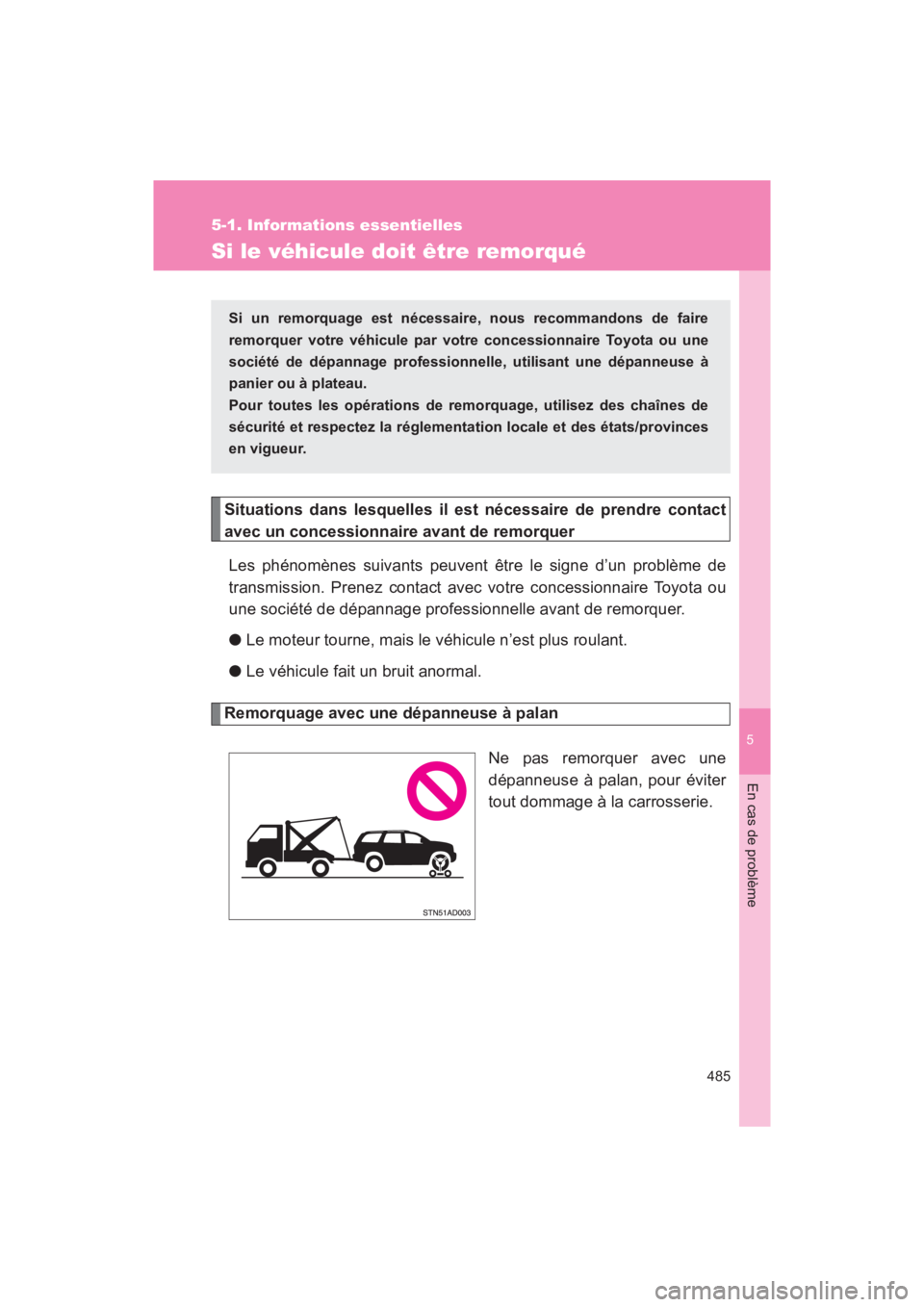 TOYOTA SEQUOIA 2017  Manuel du propriétaire (in French) 5
En cas de problème
485
5-1. Informations essentielles
SEQUOIA_D_OM34598D_17MY
Si le véhicule doit être remorqué
Situations dans lesquelles il est nécessaire de prendre contact 
avec un concessi