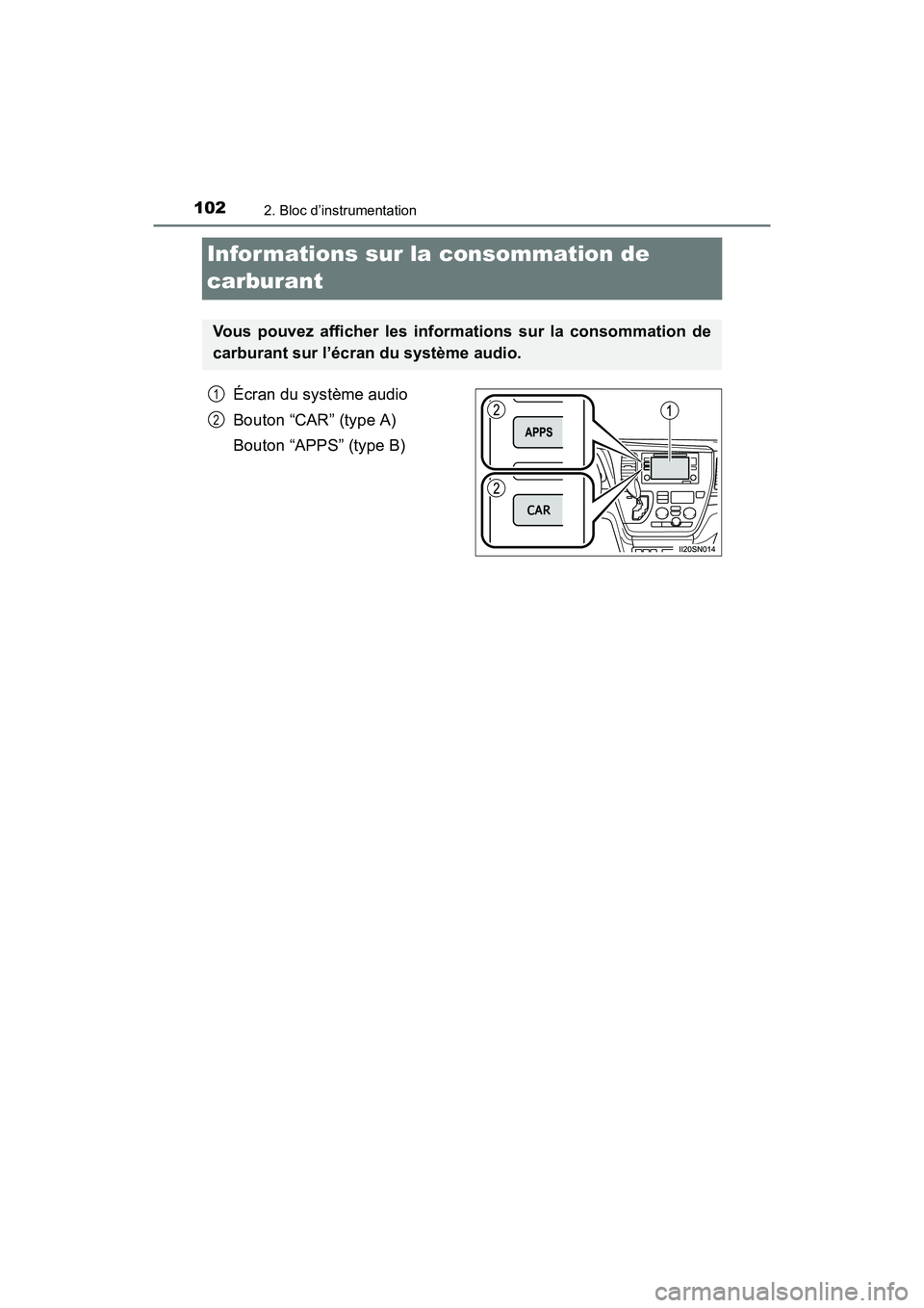 TOYOTA SIENNA 2017  Manuel du propriétaire (in French) 102
SIENNA_OM_OM08007D_(D)
2. Bloc d’instrumentation
Informations sur la consommation de 
carburant
Écran du système audio
Bouton “CAR” (type A)
Bouton “APPS” (type B)
Vous pouvez afficher