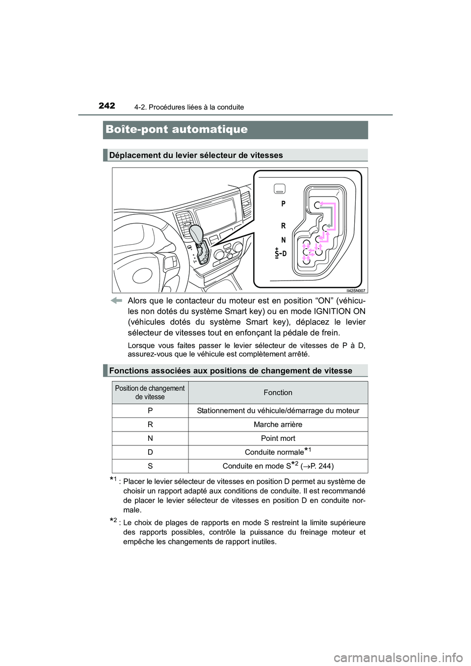 TOYOTA SIENNA 2017 Manuel du propriétaire (in French) 242
SIENNA_OM_OM08007D_(D)
4-2. Procédures liées à la conduite
Boîte-pont automatique
Alors que le contacteur du moteur est en position “ON” (véhicu-
les non dotés du système Smart key) ou TOYOTA SIENNA 2017 Manuel du propriétaire (in French) 242
SIENNA_OM_OM08007D_(D)
4-2. Procédures liées à la conduite
Boîte-pont automatique
Alors que le contacteur du moteur est en position “ON” (véhicu-
les non dotés du système Smart key) ou
