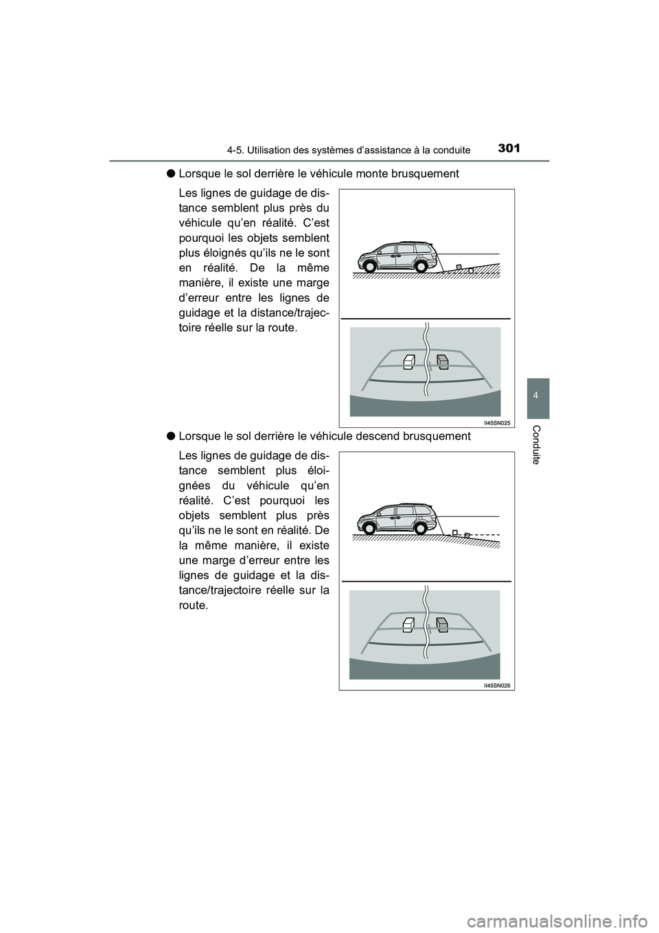 TOYOTA SIENNA 2017  Manuel du propriétaire (in French) SIENNA_OM_OM08007D_(D)
3014-5. Utilisation des systèmes d’assistance à la conduite
4
Conduite
●Lorsque le sol derrière le véhicule monte brusquement
Les lignes de guidage de dis-
tance semblen