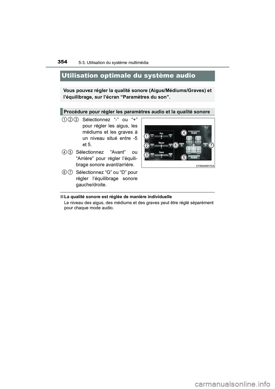 TOYOTA SIENNA 2017  Manuel du propriétaire (in French) 354
SIENNA_OM_OM08007D_(D)
5-3. Utilisation du système multimédia
Utilisation optimale du système audio
Sélectionnez “-” ou “+”
pour régler les aigus, les
médiums et les graves à
un niv