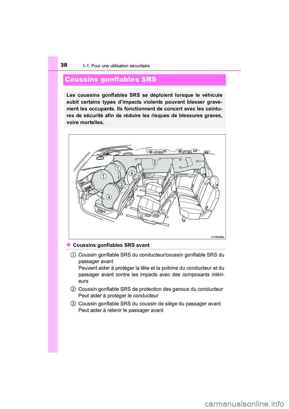 TOYOTA SIENNA 2017  Manuel du propriétaire (in French) 381-1. Pour une utilisation sécuritaire
SIENNA_OM_OM08007D_(D)
Coussins gonflables SRS
◆Coussins gonflables SRS avantCoussin gonflable SRS du conducteur/coussin gonflable SRS du
passager avant 
Peu
