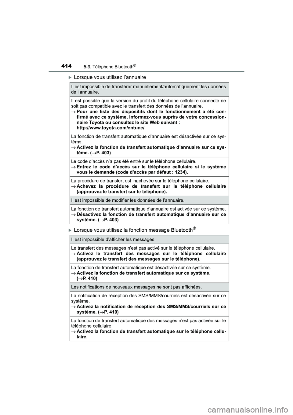 TOYOTA SIENNA 2017  Manuel du propriétaire (in French) 4145-9. Téléphone Bluetooth®
SIENNA_OM_OM08007D_(D)
�XLorsque vous utilisez l’annuaire
�XLorsque vous utilisez la fonction message Bluetooth®
Il est impossible de transférer manuellement/automa