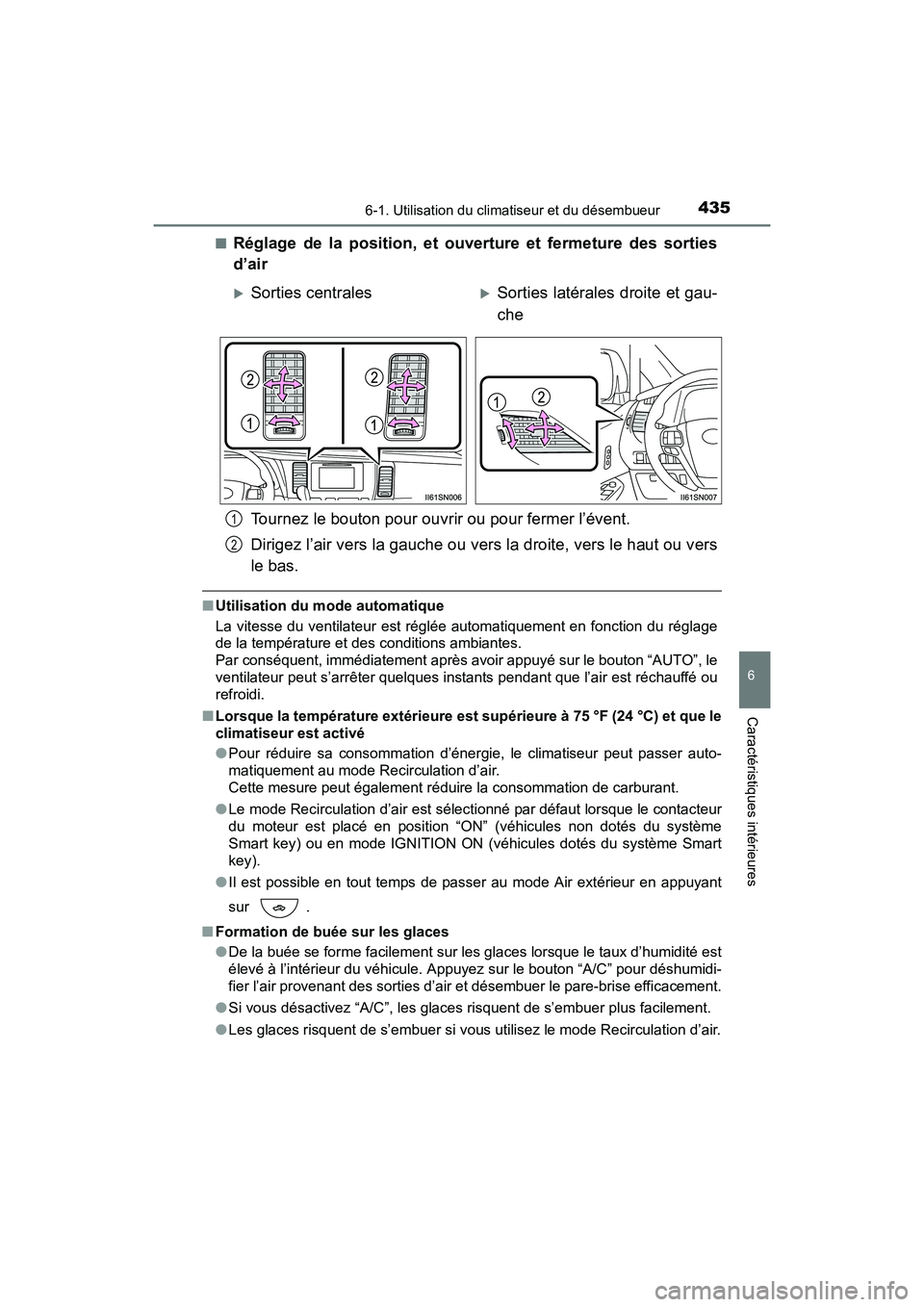 TOYOTA SIENNA 2017 Manuel du propriétaire (in French) SIENNA_OM_OM08007D_(D)
4356-1. Utilisation du climatiseur et du désembueur
6
Caractéristiques intérieures
■Réglage de la position, et ouverture et fermeture des sorties
d’airTournez le bouton TOYOTA SIENNA 2017 Manuel du propriétaire (in French) SIENNA_OM_OM08007D_(D)
4356-1. Utilisation du climatiseur et du désembueur
6
Caractéristiques intérieures
■Réglage de la position, et ouverture et fermeture des sorties
d’airTournez le bouton