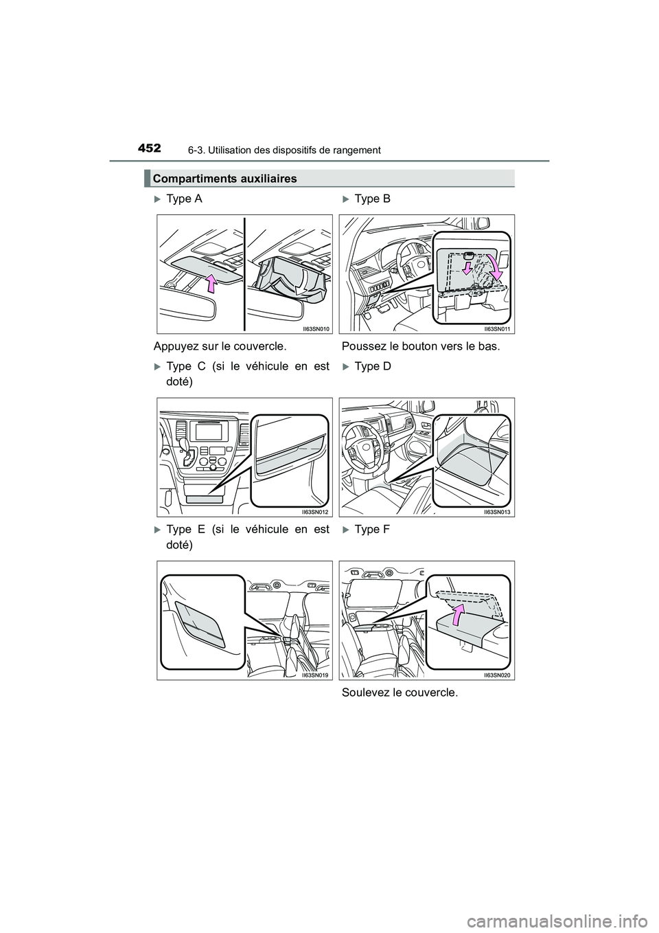 TOYOTA SIENNA 2017  Manuel du propriétaire (in French) 452
SIENNA_OM_OM08007D_(D)
6-3. Utilisation des dispositifs de rangement
Compartiments auxiliaires
�XType A�XTy pe  B
Appuyez sur le couvercle. Poussez le bouton vers le bas.
�XType C (si le véhicule