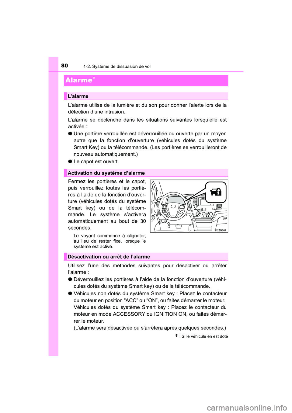 TOYOTA SIENNA 2017 Manuel du propriétaire (in French) 801-2. Système de dissuasion de vol
SIENNA_OM_OM08007D_(D)
Alarme∗
L’alarme utilise de la lumière et du son pour donner l’alerte lors de la
détection d’une intrusion.
L’alarme se déclenc TOYOTA SIENNA 2017 Manuel du propriétaire (in French) 801-2. Système de dissuasion de vol
SIENNA_OM_OM08007D_(D)
Alarme∗
L’alarme utilise de la lumière et du son pour donner l’alerte lors de la
détection d’une intrusion.
L’alarme se déclenc
