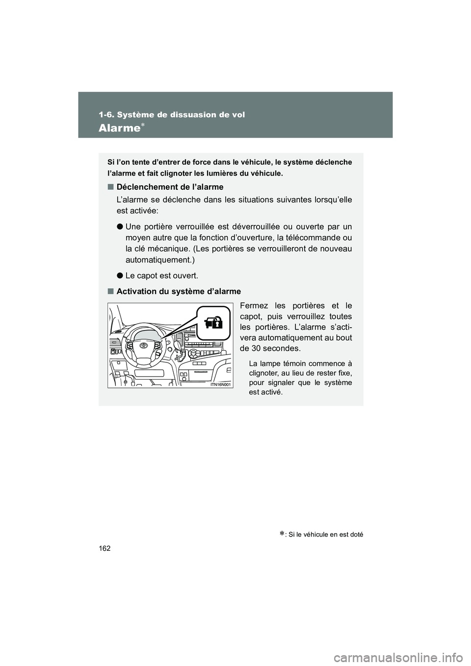 TOYOTA SIENNA 2012  Manuel du propriétaire (in French) 162
1-6. Système de dissuasion de vol
SIENNA_D (OM45467D)
Alarme∗
∗: Si le véhicule en est doté
Si l’on tente d’entrer de force dans le véhicule, le système déclenche
l’alarme et fait 