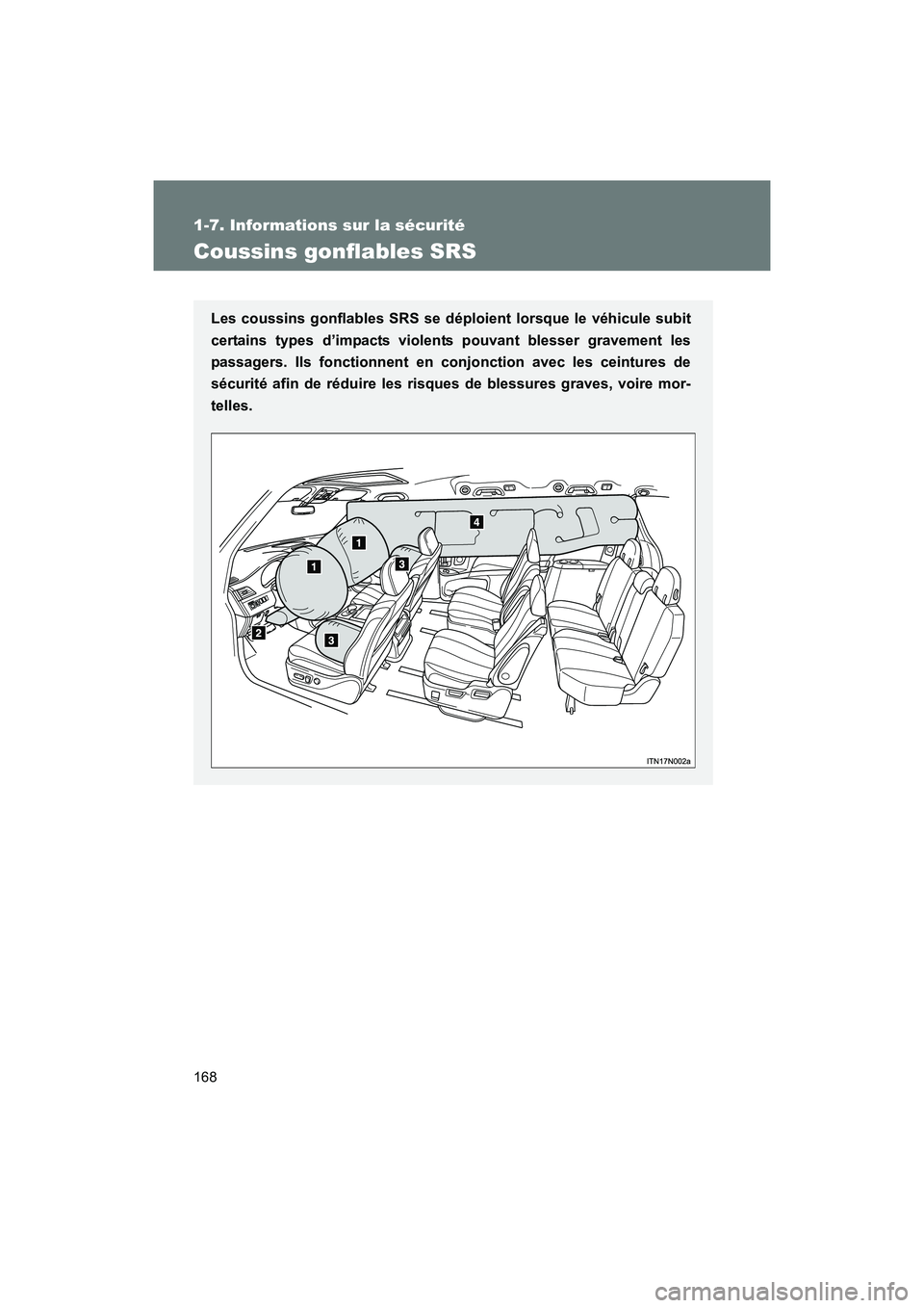 TOYOTA SIENNA 2012  Manuel du propriétaire (in French) 168
1-7. Informations sur la sécurité
SIENNA_D (OM45467D)
Coussins gonflables SRS
Les coussins gonflables SRS se déploient lorsque le véhicule subit
certains types d’impacts violents pouvant ble