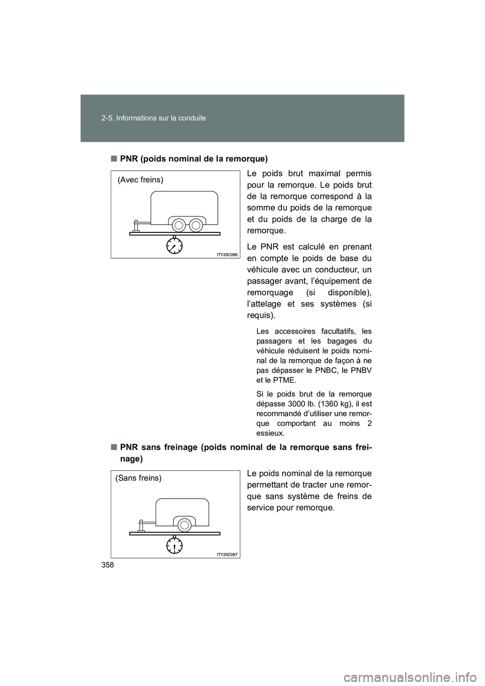 TOYOTA SIENNA 2012  Manuel du propriétaire (in French) 358 2-5. Informations sur la conduite
SIENNA_D (OM45467D)■
PNR (poids nominal de la remorque)
Le poids brut maximal permis
pour la remorque. Le poids brut
de la remorque correspond à la
somme du po