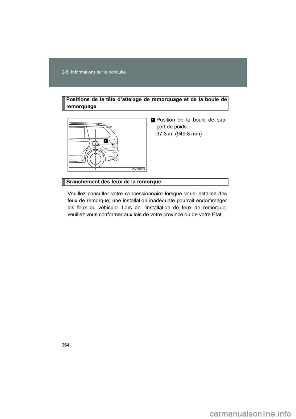 TOYOTA SIENNA 2012  Manuel du propriétaire (in French) 364 2-5. Informations sur la conduite
SIENNA_D (OM45467D)
Positions de la tête d’attelage de remorquage et de la boule de
remorquagePosition de la boule de sup-
port de poids: 
37.3 in. (949.8 mm)
