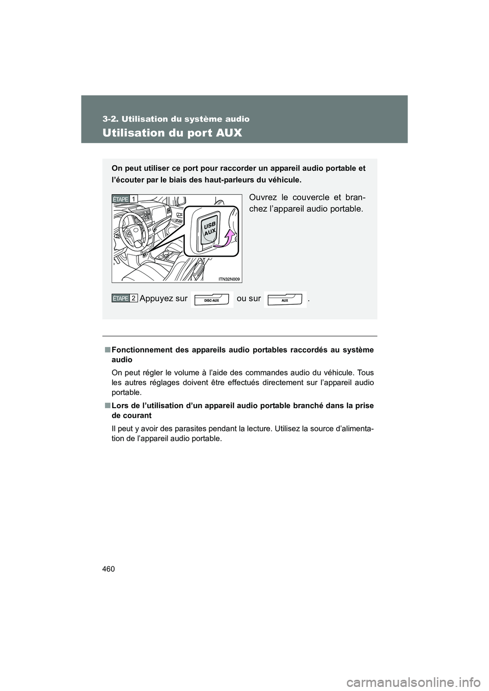 TOYOTA SIENNA 2012  Manuel du propriétaire (in French) 460
3-2. Utilisation du système audio
SIENNA_D (OM45467D)
Utilisation du por t AUX
■Fonctionnement des appareils audio portables raccordés au système
audio
On peut régler le volume à l’aide d