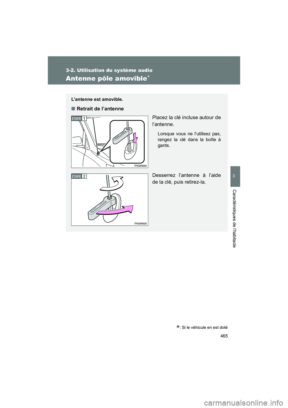 TOYOTA SIENNA 2012  Manuel du propriétaire (in French) 465
3-2. Utilisation du système audio
3
SIENNA_D (OM45467D)
Caractéristiques de l’habitacle
Antenne pôle amovible∗
∗: Si le véhicule en est doté
L’antenne est amovible.
■Retrait de l’
