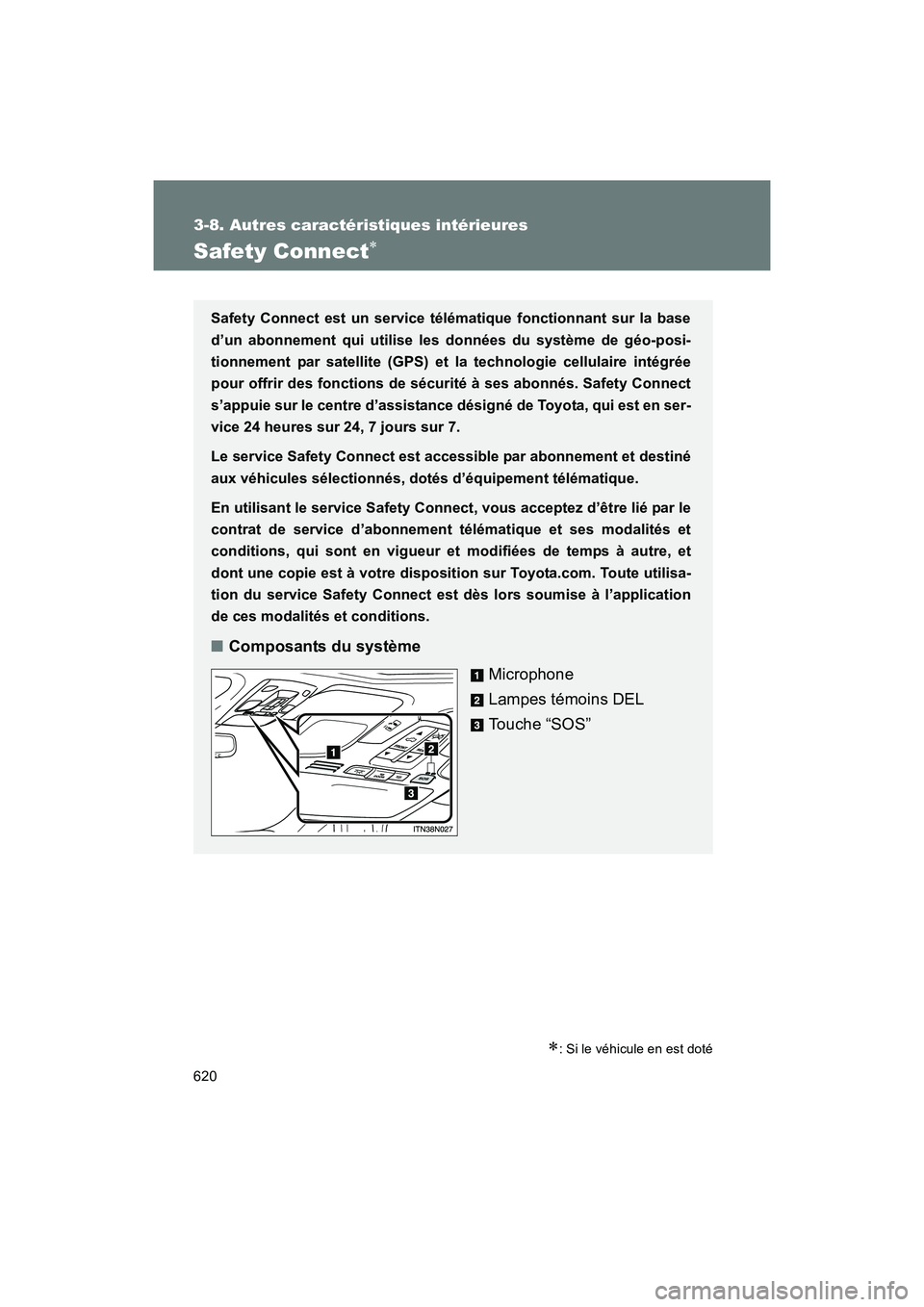 TOYOTA SIENNA 2012 Manuel du propriétaire (in French) 620
3-8. Autres caractéristiques intérieures
SIENNA_D (OM45467D)
Safety Connect∗
∗: Si le véhicule en est doté
Safety Connect est un service télématique fonctionnant sur la base
d’un abonn TOYOTA SIENNA 2012 Manuel du propriétaire (in French) 620
3-8. Autres caractéristiques intérieures
SIENNA_D (OM45467D)
Safety Connect∗
∗: Si le véhicule en est doté
Safety Connect est un service télématique fonctionnant sur la base
d’un abonn