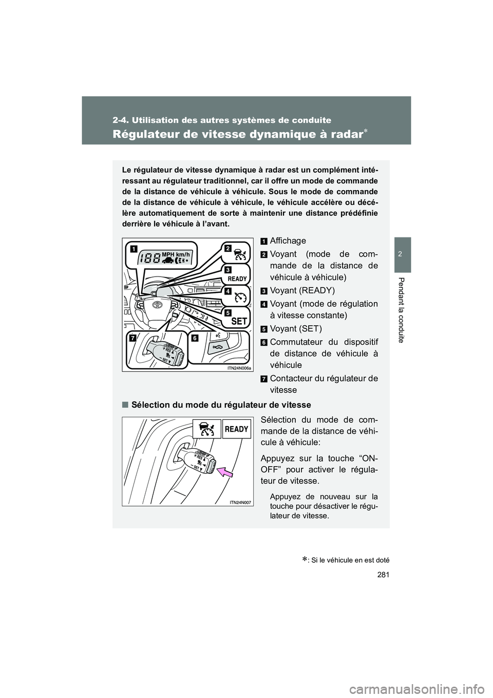 TOYOTA SIENNA 2011 Manuel du propriétaire (in French) 281
2-4. Utilisation des autres systèmes de conduite
2
Pendant la conduite
SIENNA_D (OM45466D)
Régulateur de vitesse dynamique à radar∗
∗: Si le véhicule en est doté
Le régulateur de vitesse TOYOTA SIENNA 2011 Manuel du propriétaire (in French) 281
2-4. Utilisation des autres systèmes de conduite
2
Pendant la conduite
SIENNA_D (OM45466D)
Régulateur de vitesse dynamique à radar∗
∗: Si le véhicule en est doté
Le régulateur de vitesse