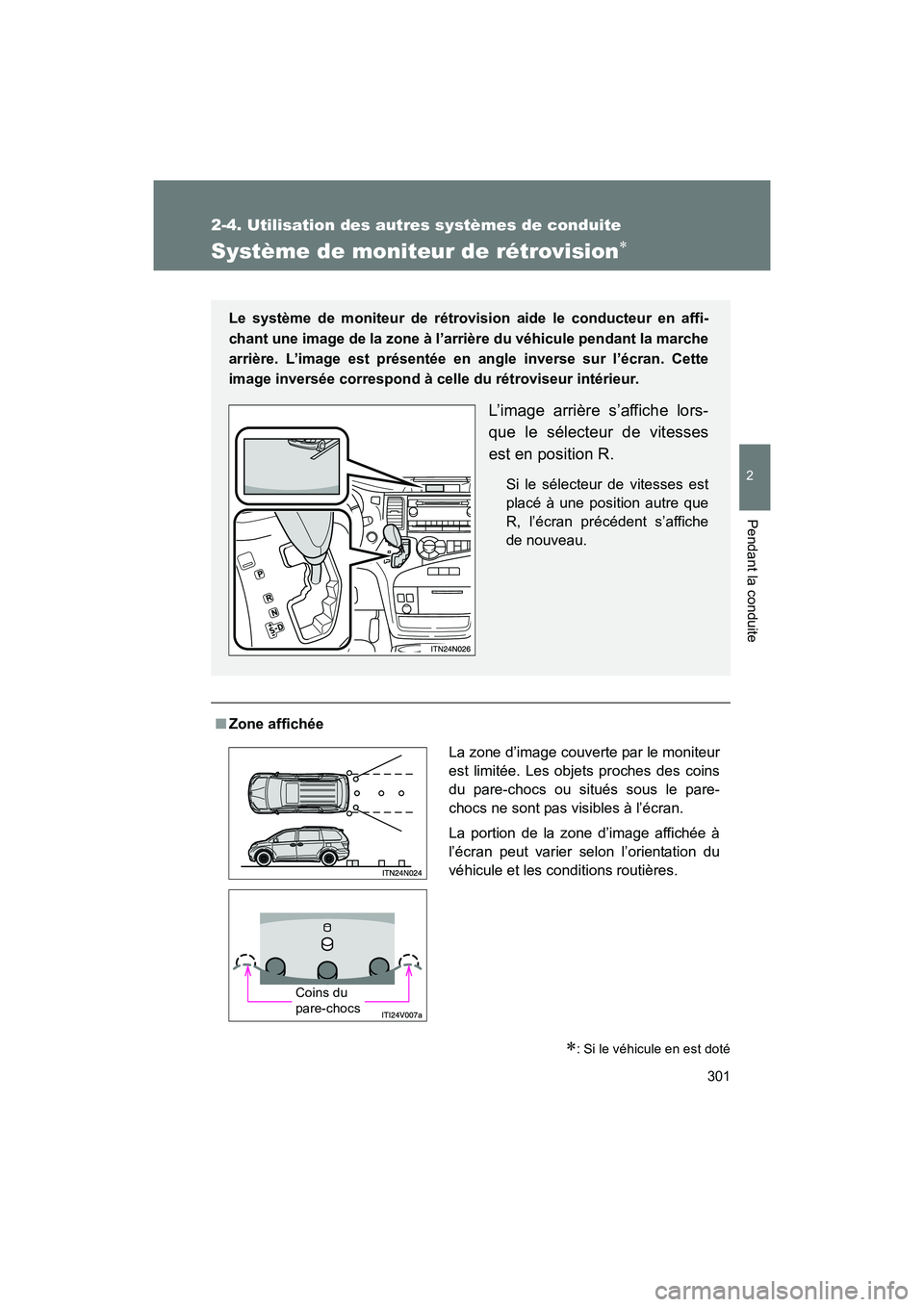 TOYOTA SIENNA 2011  Manuel du propriétaire (in French) 301
2-4. Utilisation des autres systèmes de conduite
2
Pendant la conduite
SIENNA_D (OM45466D)
Système de moniteur de rétrovision∗
∗: Si le véhicule en est doté
■Zone affichée Le système 