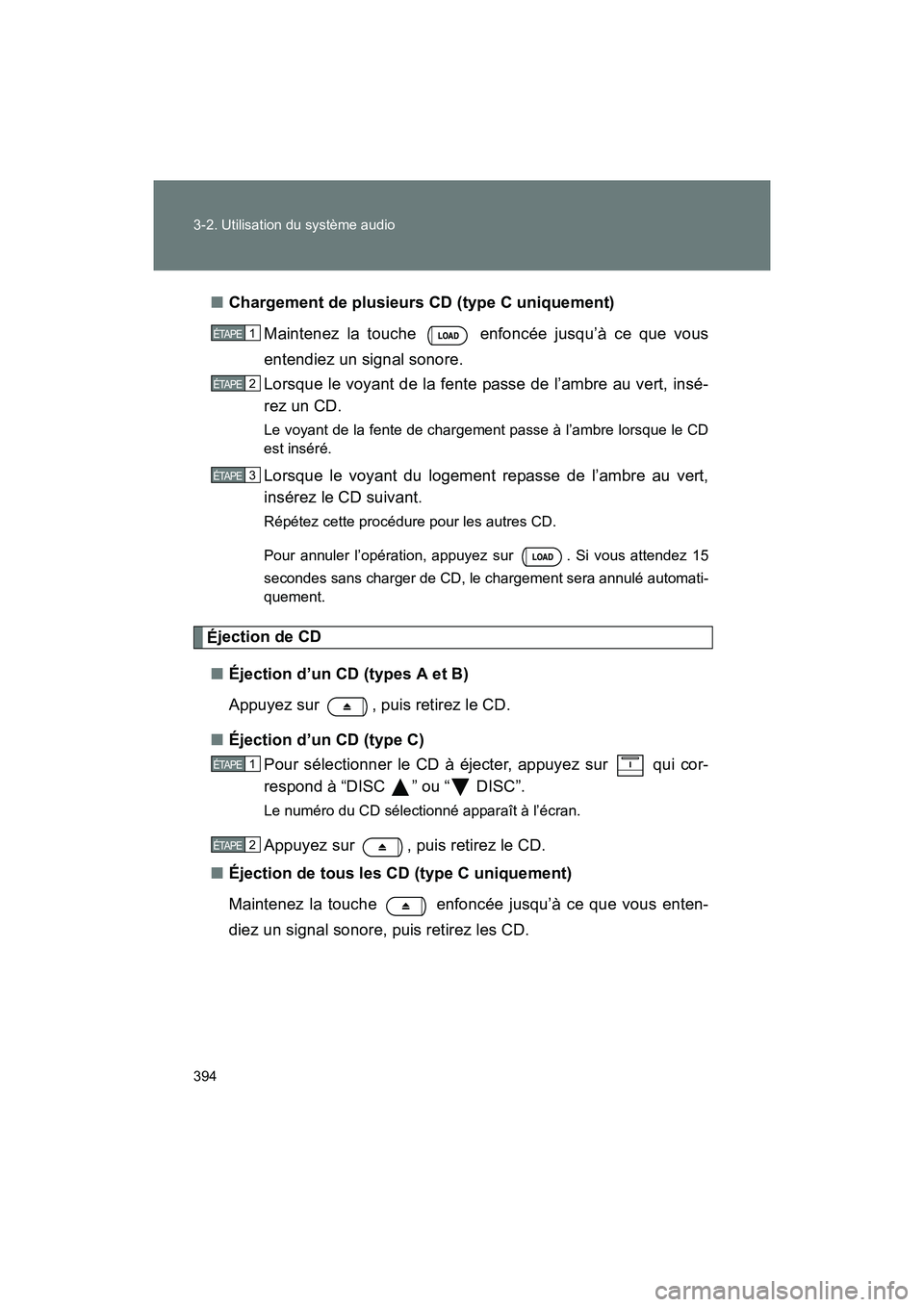 TOYOTA SIENNA 2011 Manuel du propriétaire (in French) 394 3-2. Utilisation du système audio
SIENNA_D (OM45466D)■
Chargement de plusieurs CD (type C uniquement)
Maintenez la touche enfoncée jusqu’à ce que vous
entendiez un signal sonore.
Lorsque TOYOTA SIENNA 2011 Manuel du propriétaire (in French) 394 3-2. Utilisation du système audio
SIENNA_D (OM45466D)■
Chargement de plusieurs CD (type C uniquement)
Maintenez la touche enfoncée jusqu’à ce que vous
entendiez un signal sonore.
Lorsque