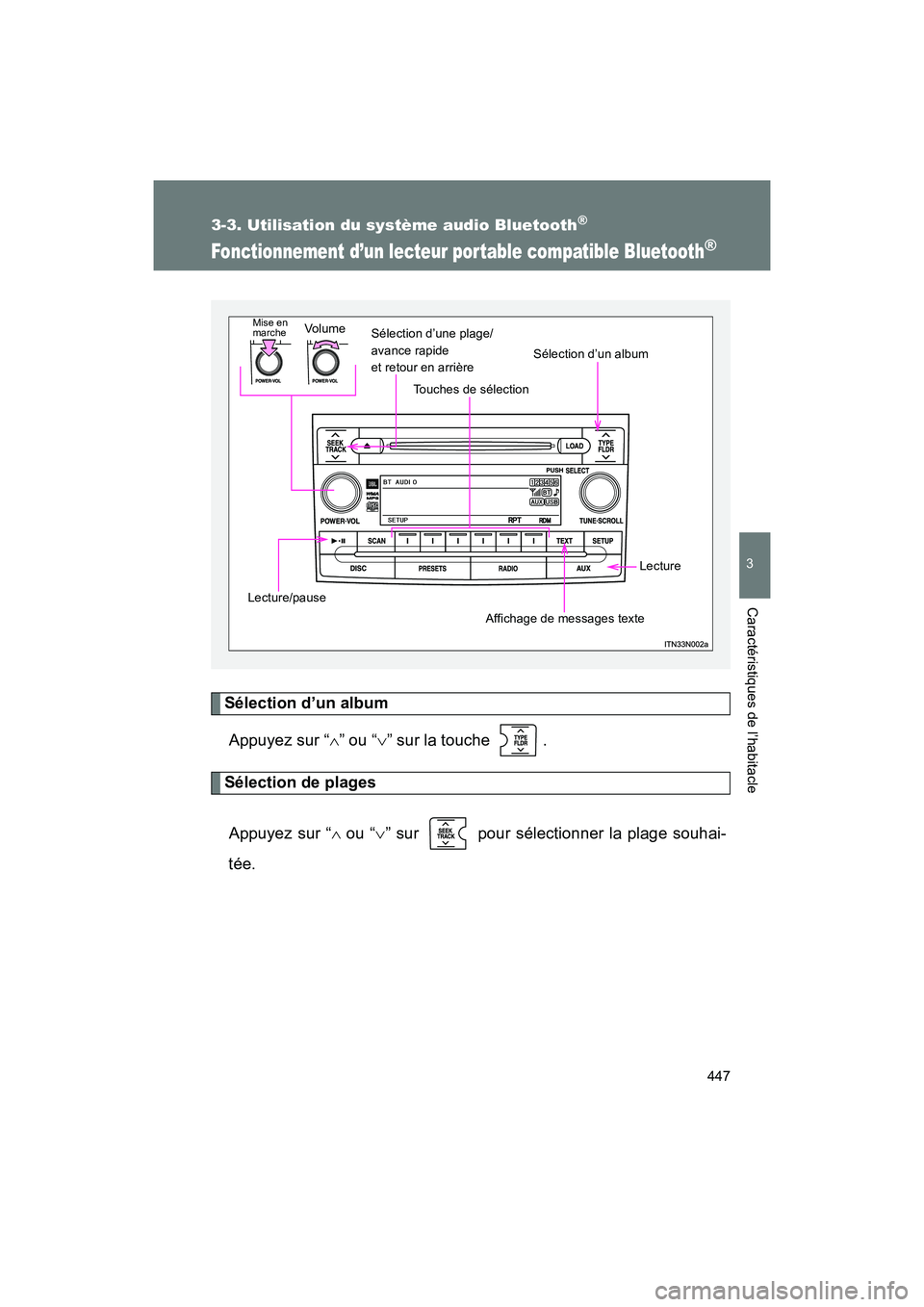 TOYOTA SIENNA 2011  Manuel du propriétaire (in French) 447
3-3. Utilisation du système audio Bluetooth®
3
Caractéristiques de l’habitacle
SIENNA_D (OM45466D)
Fonctionnement d’un lecteur portable compatible Bluetooth®
Sélection d’un albumAppuyez