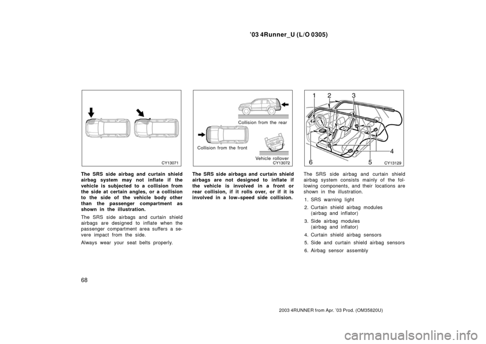 TOYOTA 4RUNNER 2003 N210 / 4.G Owners Manual ’03 4Runner_U (L/O 0305)
68
2003 4RUNNER from Apr. ’03 Prod. (OM 35820U)
The SRS side airbag and curtain shield
airbag system may not inflate if the
vehicle is subjected to a collision from
the si TOYOTA 4RUNNER 2003 N210 / 4.G Owners Manual ’03 4Runner_U (L/O 0305)
68
2003 4RUNNER from Apr. ’03 Prod. (OM 35820U)
The SRS side airbag and curtain shield
airbag system may not inflate if the
vehicle is subjected to a collision from
the si
