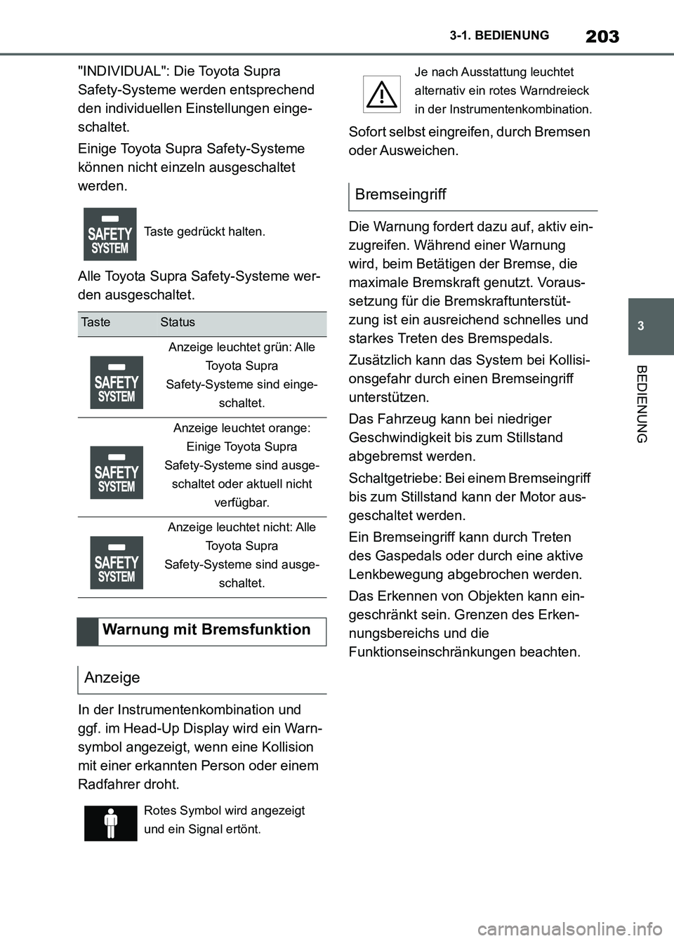 TOYOTA SUPRA 2023  Betriebsanleitungen (in German) 203
3 3-1. BEDIENUNG
BEDIENUNG
"INDIVIDUAL": Die Toyota Supra 
Safety-Systeme werden entsprechend 
den individuellen Einstellungen einge-
schaltet.
Einige Toyota Supra Safety-Systeme 
können nicht ei