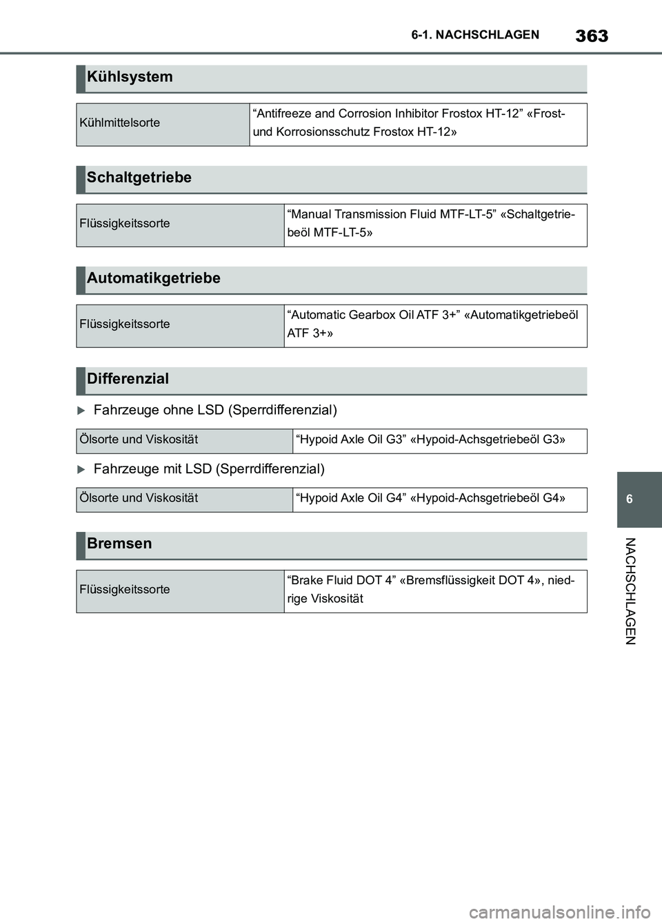 TOYOTA SUPRA 2023  Betriebsanleitungen (in German) 363
6 6-1. NACHSCHLAGEN
NACHSCHLAGEN
Fahrzeuge ohne LSD (Sperrdifferenzial)
Fahrzeuge mit LSD (Sperrdifferenzial)
Kühlsystem
Kühlmittelsorte“Antifreeze and Corrosion Inhibitor Frostox HT-12