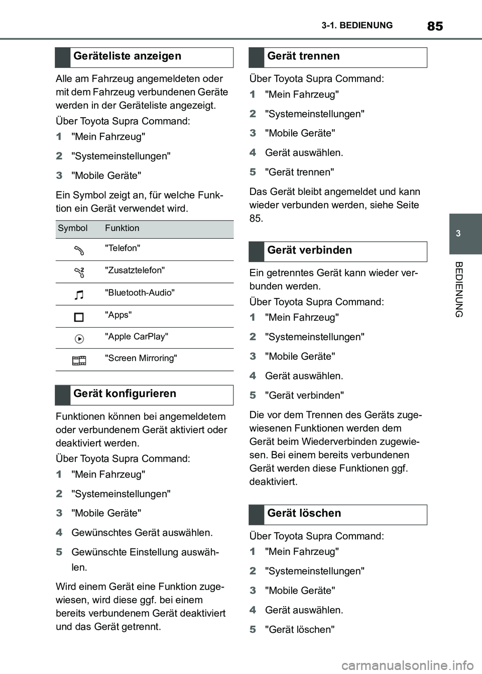 TOYOTA SUPRA 2023 Betriebsanleitungen (in German) 85
3 3-1. BEDIENUNG
BEDIENUNG
Alle am Fahrzeug angemeldeten oder
mit dem Fahrzeug verbundenen Geräte
werden in der Geräteliste angezeigt.
Über Toyota Supra Command:
1"Mein Fahrzeug"
2"Systemeinst TOYOTA SUPRA 2023 Betriebsanleitungen (in German) 85
3 3-1. BEDIENUNG
BEDIENUNG
Alle am Fahrzeug angemeldeten oder
mit dem Fahrzeug verbundenen Geräte
werden in der Geräteliste angezeigt.
Über Toyota Supra Command:
1"Mein Fahrzeug"
2"Systemeinst