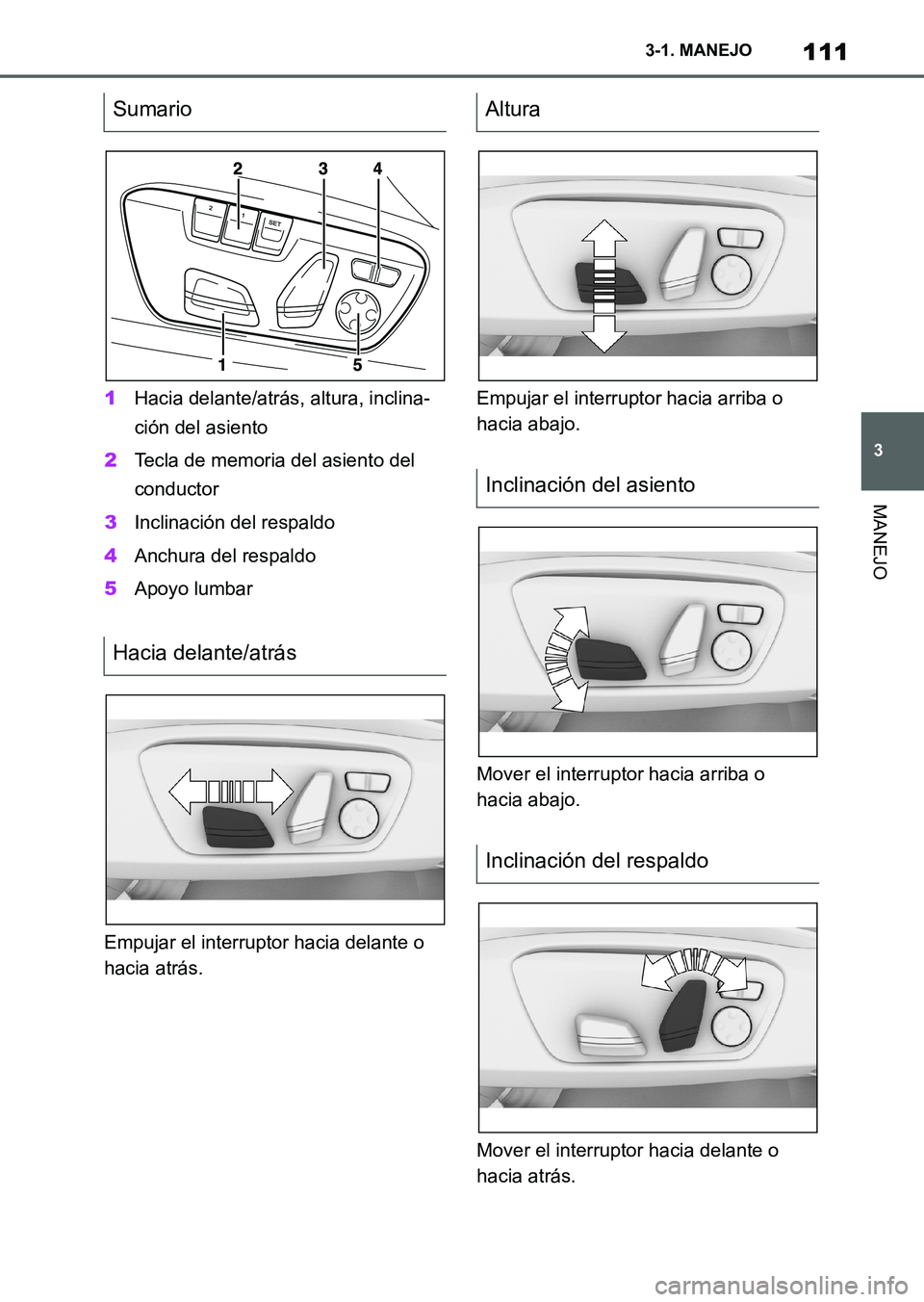 TOYOTA SUPRA 2023  Manual del propietario (in Spanish) 111
3 3-1. MANEJO
MANEJO
1Hacia delante/atrás, altura, inclina-
ción del asiento
2Tecla de memoria del asiento del 
conductor
3Inclinación del respaldo
4Anchura del respaldo
5Apoyo lumbar
Empujar e