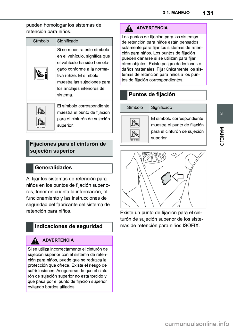 TOYOTA SUPRA 2023  Manual del propietario (in Spanish) 131
3 3-1. MANEJO
MANEJO
pueden homologar los sistemas de 
retención para niños.
Al fijar los sistemas de retención para 
niños en los puntos de fijación superio-
res, tener en cuenta la informac