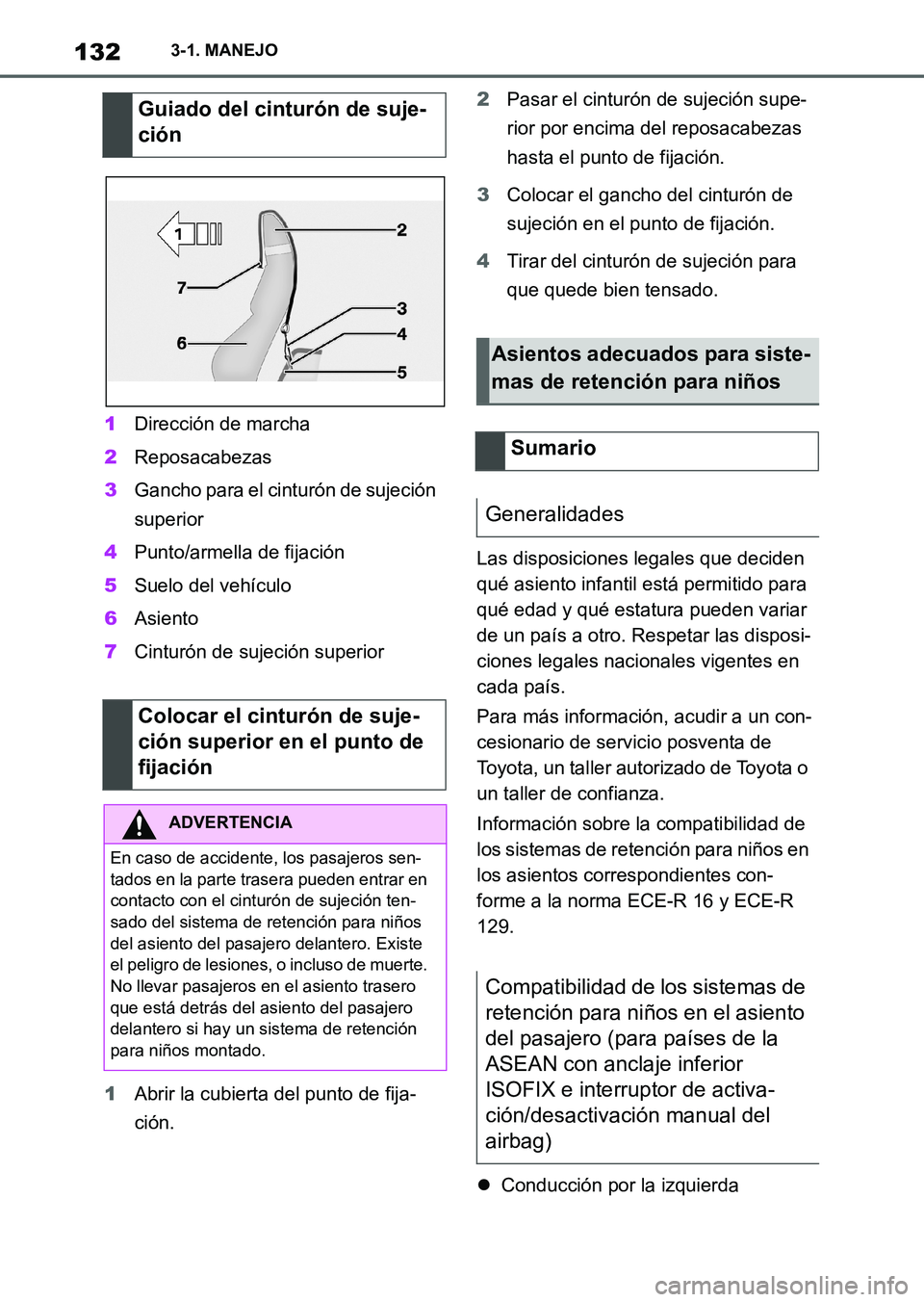 TOYOTA SUPRA 2023  Manual del propietario (in Spanish) 1323-1. MANEJO
1Dirección de marcha
2Reposacabezas
3Gancho para el cinturón de sujeción 
superior
4Punto/armella de fijación
5Suelo del vehículo
6Asiento
7Cinturón de sujeción superior
1Abrir l
