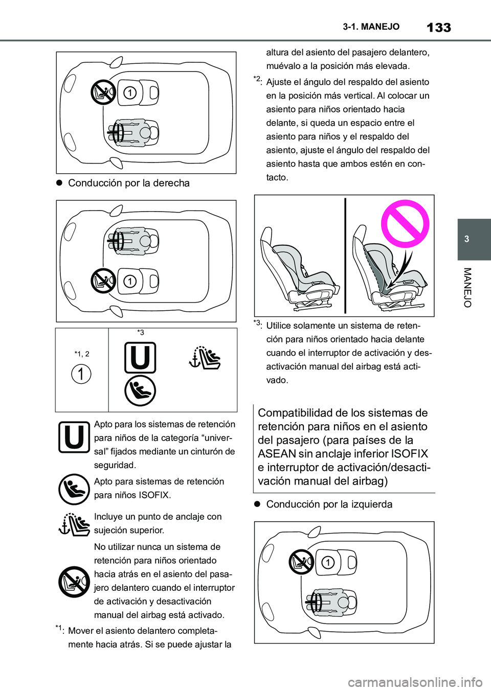 TOYOTA SUPRA 2023  Manual del propietario (in Spanish) 133
3 3-1. MANEJO
MANEJO
Conducción por la derecha
*1: Mover el asiento delantero completa-
mente hacia atrás. Si se puede ajustar la altura del asiento del pasajero delantero, 
muévalo a la pos
